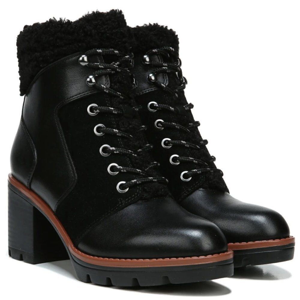Naturalizer Black Lace-Up Ankle Boots with Faux Shearling Collar